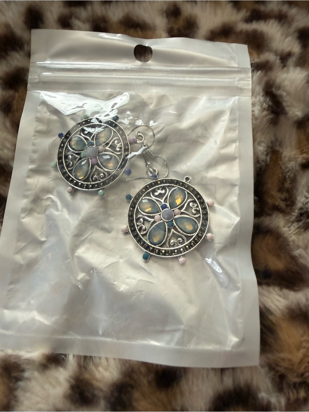 Silver-Tone Floral Opal Dangle Earrings - Pastel Accents